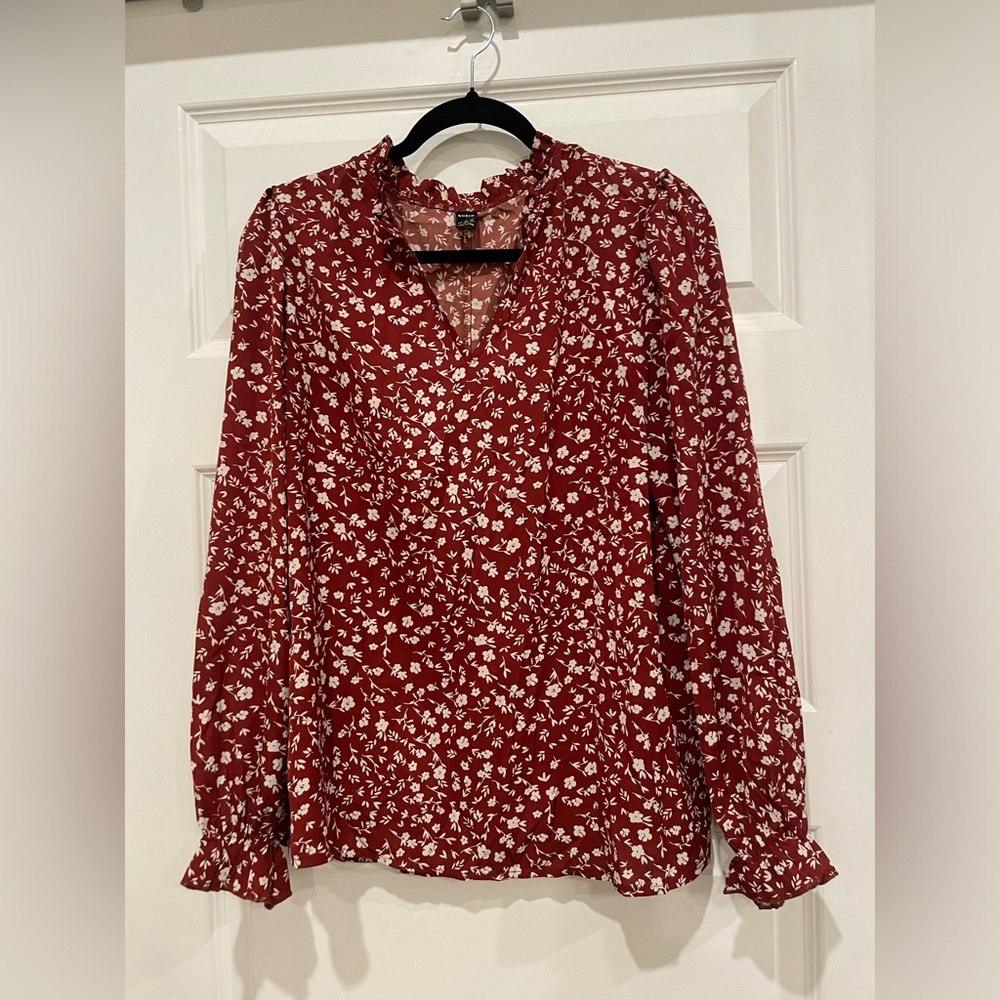 SHEIN- Red & White Floral Blouse- Size Large
